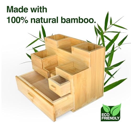 Six Wild Willows Bamboo Desk Organizer with Drawers - Wooden Desktop Storage - Table Top Organizer for Office Supplies, Make-up Organizer 6