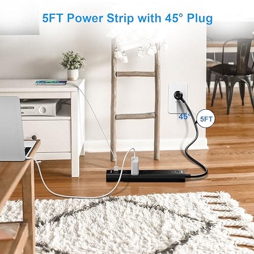 2 Pack Power Strip Surge Protector-5 Widely Spaced Outlets 3 USB Ports(1 USB C Port),1250W/10A with 5Ft Extension Cord, Power Strips with Surge Protection, Wall Mount for Home Office,Black 6