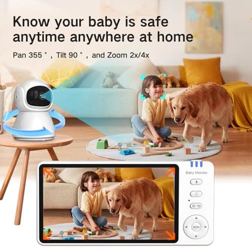 5" Video Baby Monitor with Camera and Audio, 720P HD Wireless No WiFi No App, 2-Way Talk,Voice Motion Detection, 8 Lullabies, 1000ft Long Range, Night Vision, Temperature & Feeding Alarm, 355° PTZ 7