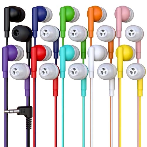 10 Pack Bulk Wired Earbuds, In Ear Headphones with 3.5mm Jack, 4ft Tangle Free Cable, Comfortable Fit, Affordable and Cost Effective, Ideal for School Classroom Testing Students Events Groups, Mix