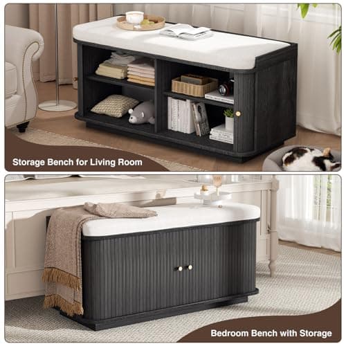 AKMAKM 39.4" Shoe Storage Bench Dark Grey | Entryway Storage Bench with Sliding Doors, Padded Cushion & 5 Metal Wall Hooks for Hallway, Living Room 6