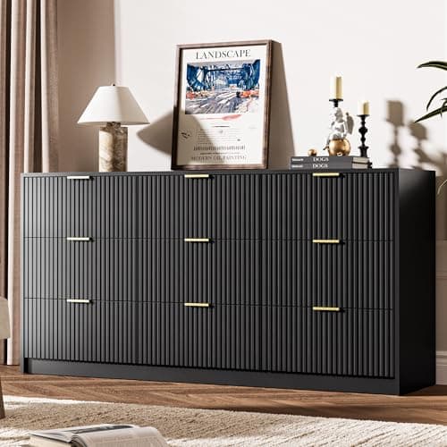 MAISONARIA Black Dresser for Bedroom, 9 Drawer Double Dresser, Modern Chest of Drawers for Bedroom, Living Room, Entryway and Closet, 63" L x 15.7" D x 31.5" H