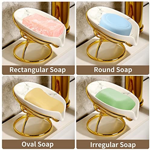 Dobbyby Leaf-Shaped Ceramic Soap Dish with Drain, Holder, Saver, Tray, Bar Soap Holder, Easy Cleaning, for Shower Bathroom Kitchen Sink Bathtub, Pro-Environment White 6