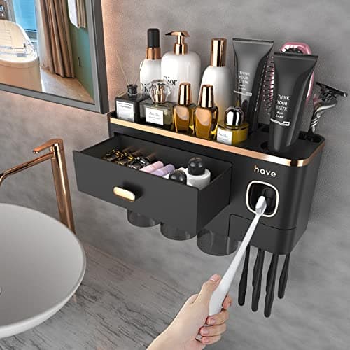 iHave Toothbrush Holders Wall Mounted with Toothpaste Dispenser & 3 Cups - Luxury Black and Gold Design for Bathroom Decor, All-in-One Bathroom Organizers & Storage for Toothbrushes and Accessories