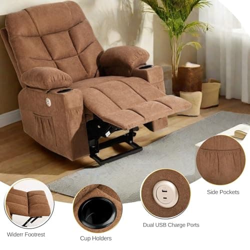 YITAHOME Electric Power Lift Recliner Chair for Elderly, Fabric Recliner Chair with Massage and Heat, Spacious Seat, USB Ports, Cup Holders, Side Pockets, Remote Control (Dark Brown) 6