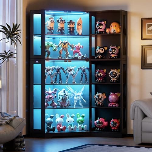 PAKASEPT Corner Display Curio Cabinet with Glass Doors, Glass Display Case with LED Lights for Collectibles,Display Storage Shelves for Living Room,Black
