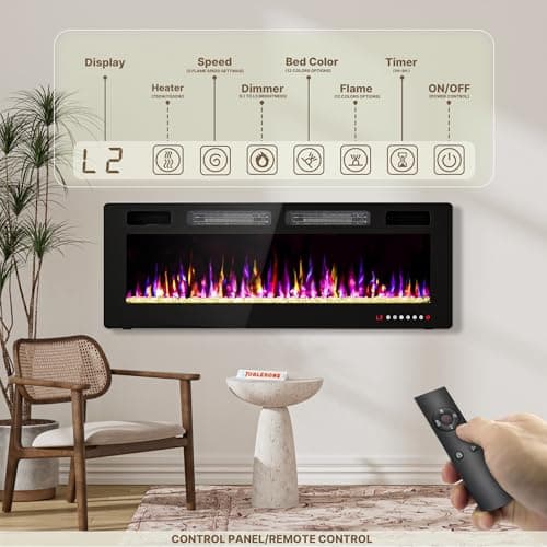 50" Ultra Thin Electric Fireplace, Wall Mounted & Freestanding, LED Fireplace Insert, Wall Fireplace for Living Room/Bedroom w/Touch Screen, Remote Control, 750W/1500W, Quiet, 8H Timer 5