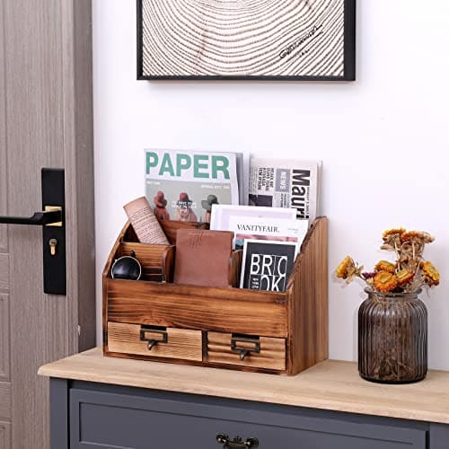 JINHYUMY Wooden Desk Organizer Pencil Holder Cosmetic Storage Desk Box Home Office Art Supplies with 2 Drawer and Compartments 6