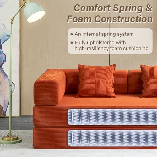 MOEYURO Compression Sofa - 78''Convertible Floor Sofa Bed - with Pillow Back Support Armrest - Comfy Foldable Sofa Bed Compressed Sofa in Box - Corduroy Fabric - for Living Room Bedroom(Orange) 5