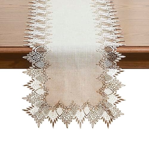 Raedan Natural Linen Table Runner 72 inches Neutral Earth Tones Beige Lace Coffee Table Runners Dresser Scarf for Easter Spring Summer Kitchen Wedding Party, Machine Washable (Natural, 16”x72”)