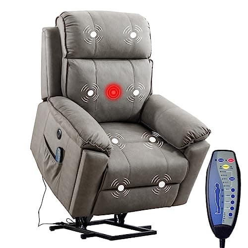 Phoenix Home Large Power Lift Recliner Chair with Massage and Heat for Elderly, Ergonomic Electric Wider Sofa Chair for Living Room with 2 Cup Holders, Side Pocket and USB Port, Grey