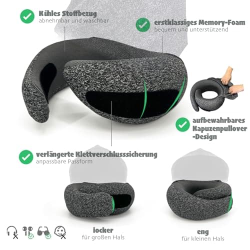 ZechnoX Ergonomic Travel Neck Pillow with Stowable Hood,Neck Pillow Airplane,Premium Memory Foam,360º Contoured Design,Washable Cover,Complete Travel Set,Ideal for Airplane,Car and Office (Black) 5