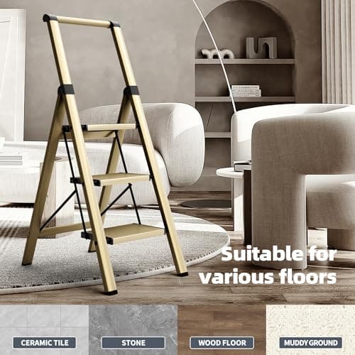 HillhutApex 3 Step Foldable Aluminum Step Ladder with Handgrip, Anti-Slip Pedal, 330 lbs Capacity, Lightweight & Portable for Home, Kitchen, Office, Garage (Gold) 8