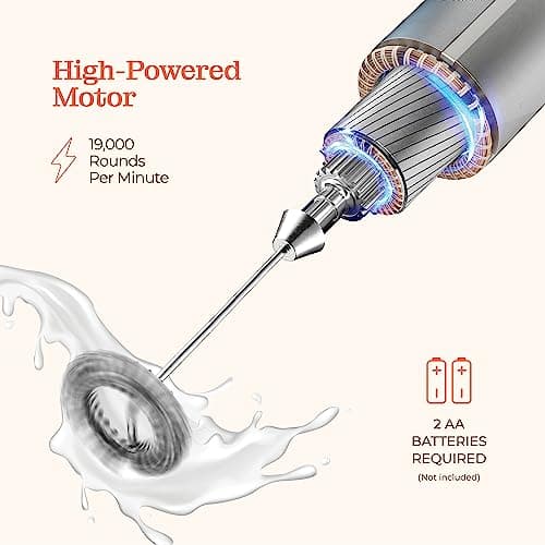 Powerful Handheld Milk Frother, Mini Milk Frother Wand, Battery Operated Stainless Steel Drink Mixer - Frother Stand for Milk Coffee, Lattes, Cappuccino, Frappe, Matcha, Hot Chocolate. Gift 5