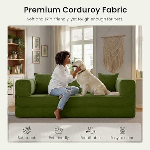 CUBENTE 78.8" Convertible Sofa Bed,Corduroy Futon Couch with Storage Pocket,Folding Pull Out Futon Sofa,No Assembly Boneless Couch for Living Room,Green 6