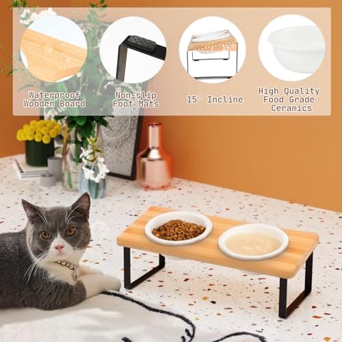 SUNQEBO Elevated Cat Bowls, 15° Raised Cat Bowls for Indoor Cats Food and Water, Slanted Tilted Ceramic Puppy Dishes with Stand Anti Vomiting Feeding Station Whisker Friendly(1 Set 2 Bowls Log Color) 5