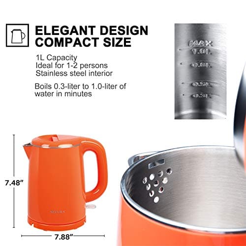 Secura Stainless Steel Double Wall Electric Kettle Water Heater for Tea Coffee w/Auto Shut-Off and Boil-Dry Protection, 1.0L (Orange) SWK-1001DO/HB-K012 5