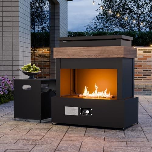 EAGLE PEAK Outdoor Propane Fireplace 50,000 BTU Gas Fireplace with Storage & Adjustable Flame, Patio Heater for Decks Backyards, Gray/Beige