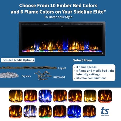 Touchstone Sideline Elite Smart 50” WiFi-Enabled Electric Fireplace - in-Wall Recessed - 60 Color Combinations - 1,500W Heater - Black - Log, Crystals & Driftwood - 80036 7