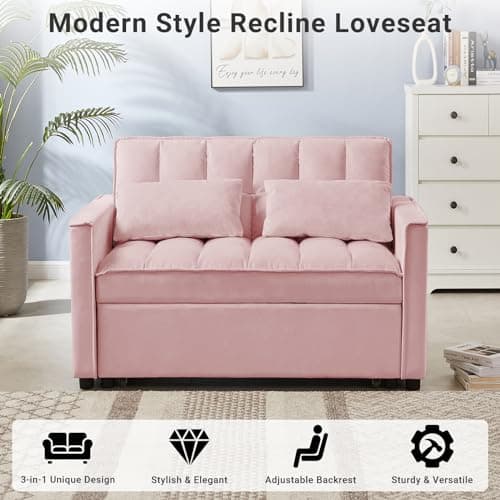 Skepphlay Convertible Couch, Loveseat Sleeper with 3-Level Adjust Backrest, Pull Out Sofa Bed Recliner with Storage Pockets, Pink 6