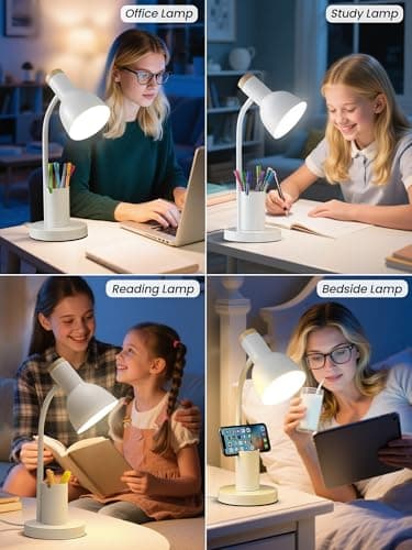 LED Desk Lamp for Home Office, Table Lamp with Pen Holder, 3 Color Modes Reading Light, Eye-Caring Desk Light with Gooseneck, Study Lamp for Kids Bedside Room College Dorm Essentials(White lamp) 6