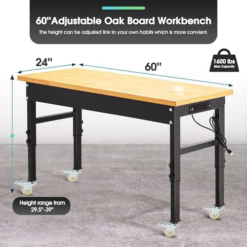 60" Adjustable Workbench, 2000 LBS Load Capacity Heavy Duty Workstation with Power Outlets, Rubber Wood Top Worktable for Garage, Office,Workshop, Commercial 6