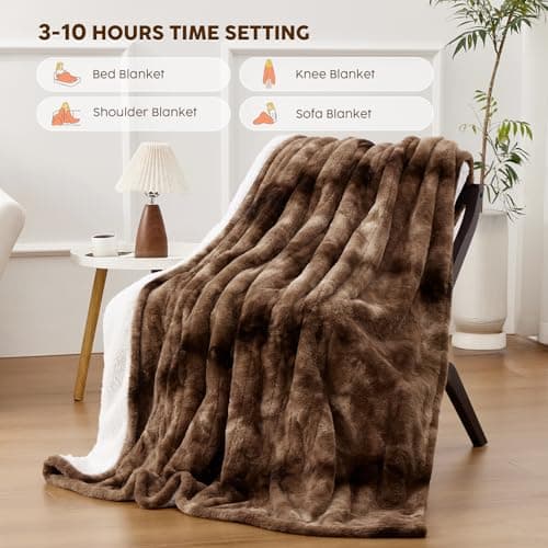 HYLEORY Faux Fur Heated Throw Blanket Electric - Soft Thick Flannel Heating Blanket with 5 Heat Levels & Auto-Off 3 Hrs, Fluffy Cozy Warm Bed Blankets for Christams Winter Office, Brown 8