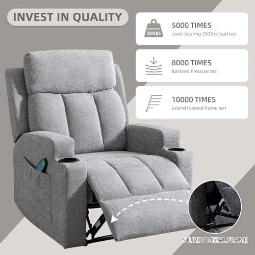 Phoenix Home Manual Recliner Chair with Massage and Heat Ergonomic Overstuffed Breathable Fabric Reclining Chair with 2 Side Pockets, 2 Cup Holders, Remote Control, Living Room, Bedroom, Gray 7