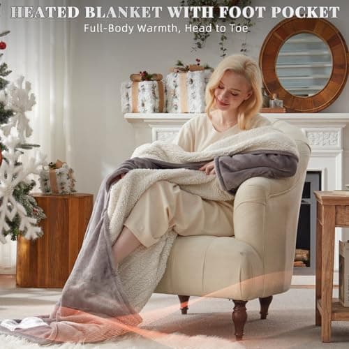 Richtry Electric Blanket Wearable with Foot Pockets & Sleeves, Electric Heated Snuggle Blanket, Flannel & Sherpa Heating Throw with 10 Heat Settings, 1-12 Hours Auto Shut-Off, 50"×70", Grey 6