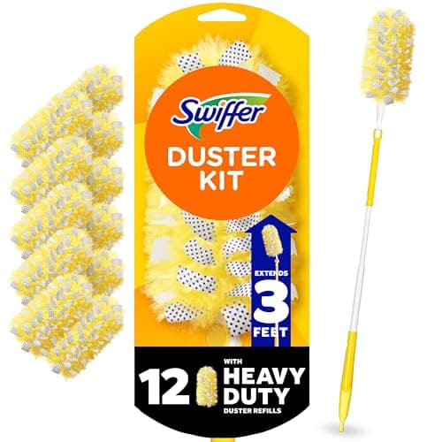 Swiffer Duster Kit with 3 ft Extendable Handle, Heavy Duty Dusting Starter Kit with 12 Refills, for Ceiling Fans, Vents and Hard to Reach Places