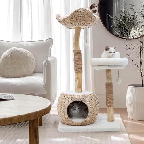 KULAMOON Modern Cat Tree Tower for Indoor Cats, Real Branch Luxury Cat Condo with Scratching Post, Jumping Platforms, Hanging Toy Ball for Multi-Cat Households 5