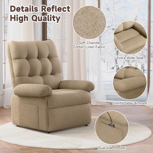 Welzona Power Lift Recliner Chair for Elderly, Triple Motor Lift Chair with Infinite Position, Electric Stand Assist for Seniors, Single Sofa with Side Pockets for Living Room, Beige-Brown 6