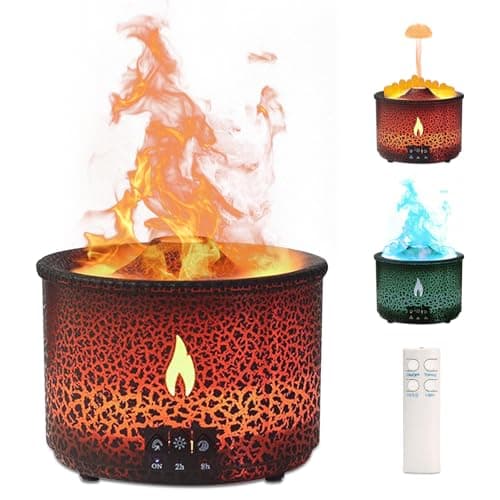 Volcano Humidifier Quiet Flame Diffuser: 300ml Spray Humidifier with 2 Modes Fire Mist Waterless Auto Shut Off Aromatherapy Diffuser with Remote Control for Bedroom Home, Office(Red & Blue)