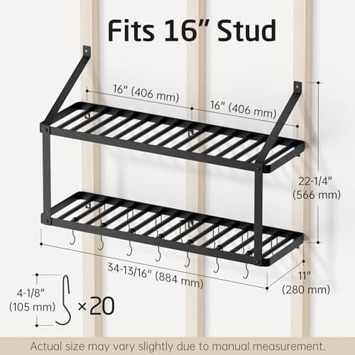 KES 150 lb High-Capacity Pot Rack Wall Mounted with Pot Lid Holder, 34 Inch Heavy-Duty Pots and Pans Hanging Rack with 20 Hooks, Drilling Template Provided for Easy Install, Matte Black, KUR528S88-BK 9
