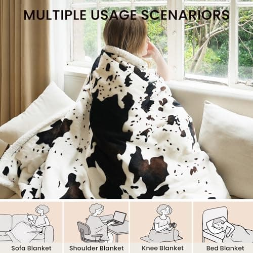 blunique Heated Blanket Throw Blanket - Fast Heating Electric Blanket, Soft Flannel Heated Throw with 4 Time Settings, 10 Heating Settings, Warm Gifts for Women & Mom & Grandma(50"x60"Cow Print White) 7