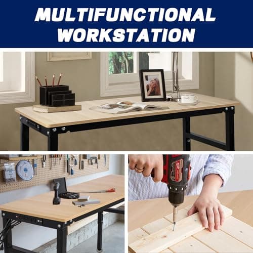 60'' Adjustable Workbench with Power Outlet, 2000 Lbs Capacity Work Benches for Garage, Wood Heavy Duty Work Bench,Shop Table for Shop Office Home Commercial 6