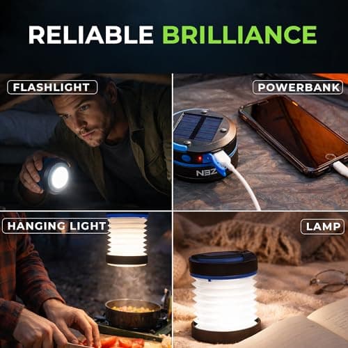 Kizen Outdoor Solar Lantern - Solar or Plug Rechargeable Lantern - Collapsible LED Light for Power Outages - Camping Essential Lamp for Tent Light, Hanging, or Flashlight 8