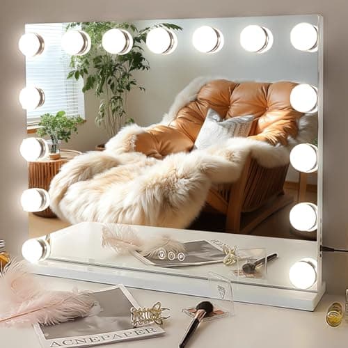 MKupView 22.8" x 18.2" Wall-Mounted Mirror Vanity Mirror with Lights White Makeup Mirror Hollywood Mirror with 15 Dimmable LED Bulbs 3 Color Modes 10X Magnification & USB Charging Port 8