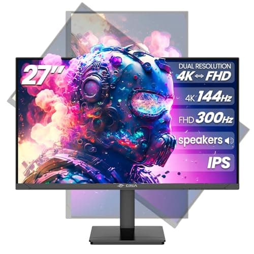 CRUA 27” Gaming Monitor, IPS UHD (3840x2160) Dual Mode (4K 144Hz or FHD 300Hz), 120% sRGB, Support Rotating/Vertical, AMD FreeSync, Built-in Speakers, HDMI 2.1 & DP 1.4, Wall Mount Install-Black