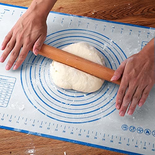 Wood French Rolling Pin for Baking, QUELLANCE Wooden Dough Roller with Silicone Baking Mat, Beech Wood Rolling Pins for Baking Dough, Pizza, Pie, Pastries, Pasta and Cookies,Blue Pastry Mat 6