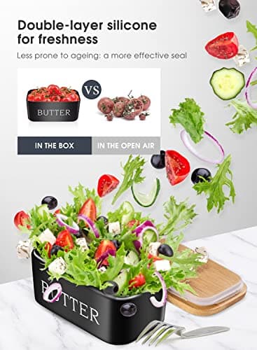 Butter Dish with Lid: Large Butter Dish for Countertop - Ceramic Butter Keeper Container with Knife and High Quality - Silicone Sealing Butter Box for Home Decor Good Kitchen Gift Black 5