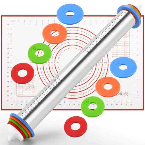 Rolling Pin nonstick and Silicone Baking Pastry Mat combo kit, Adjustable Rolling Pin With Thickness Rings for Baking Fondant, Pizza, Pie, Pastry, Pasta, Dough, Cookies (red)