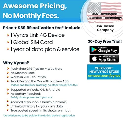 Vyncs - GPS Tracker for Vehicles, [No Monthly Fee], 4G LTE, Vehicle Location, Trip History, Driving Alerts, GeoFence, Fuel Economy, OBD Fault Codes, USA-Developed, Family or Fleets 9