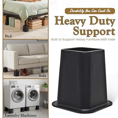 Kings Brand Furniture 6-inch Bed Risers - Set of 4 Black Heavy Duty Stackable Furniture Risers for Under Bed Storage, Desk, Sofa, Couch 5