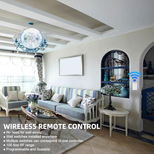 Wireless Light Switch and Receiver Kit No Wiring No WiFi 100ft RF Range Remote Light Switch for 200W LED Lamp Ceiling Light Fan Pre-Programmed (1 Pack Switch+1 Receiver) 5