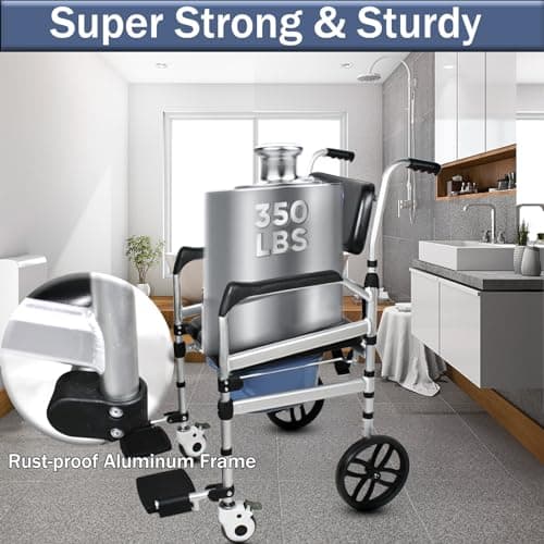 NexusSmash Folding Bedside Commode with Wheels, Padded Shower Chair with Bucket, Rolling Shower Commode Chairs with Soft Backrest, Bedside Commodes for Senior & Handicap 5