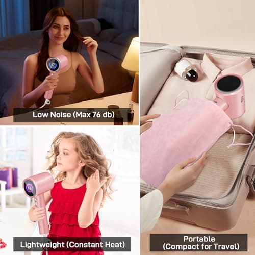 CIICII Negative Ionic Hair Dryer Professional, 120000RPM High Speed Blow Dryer (1600W Brushless/ 3-Speed/ 4-Temp & HD Display & Portable Bag) Fast Drying Hairdryer for Home, Travel & Salon (Pink) 6