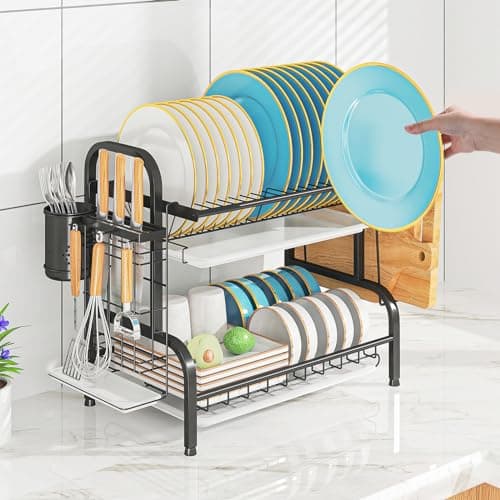 LEGUANG 2-Tier Stainless Steel Dish Drying Rack, Space-Saving Kitchen Organizer for in/Over Sink/Counter, with Removable Drain Tray & Cutlery Holder & Utensil Holder, Black 8