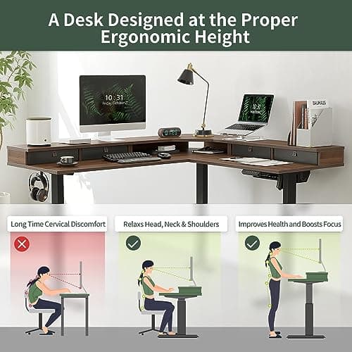 FEZIBO L Shaped Standing Desk with Drawers, 63" Electric Standing Gaming Table L Shape, Black Walnut Top/Black Frame 5