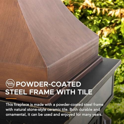 Sunjoy Outdoor Fireplace, Stone Look Tile Patio Wood Burning Steel Fireplace with Chimney, Spark Screen, Fire Poker, Rain Cover, and Removable Grate, Copper with Gray Tile 7